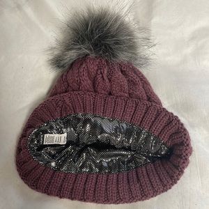 Layer8 cable knit purple beanie with pompom